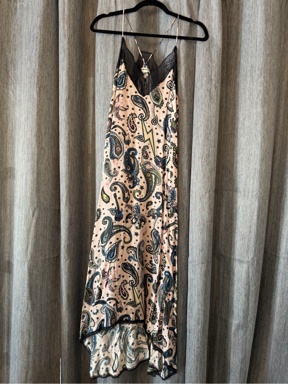 Zadig & Voltaire Paisley Satin High-Low Slip Dress - Blush with Black Lace